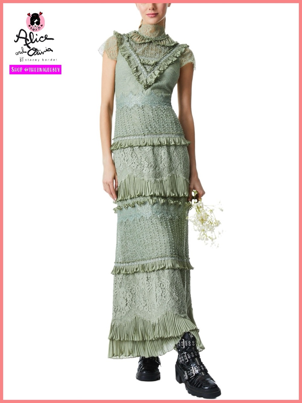 Alice + Olivia Albertine Sage Green Lace Embroidered Maxi Dress